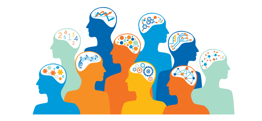 Multi-coloured silhouettes showing neurodiverse brains through how different brains may process information.