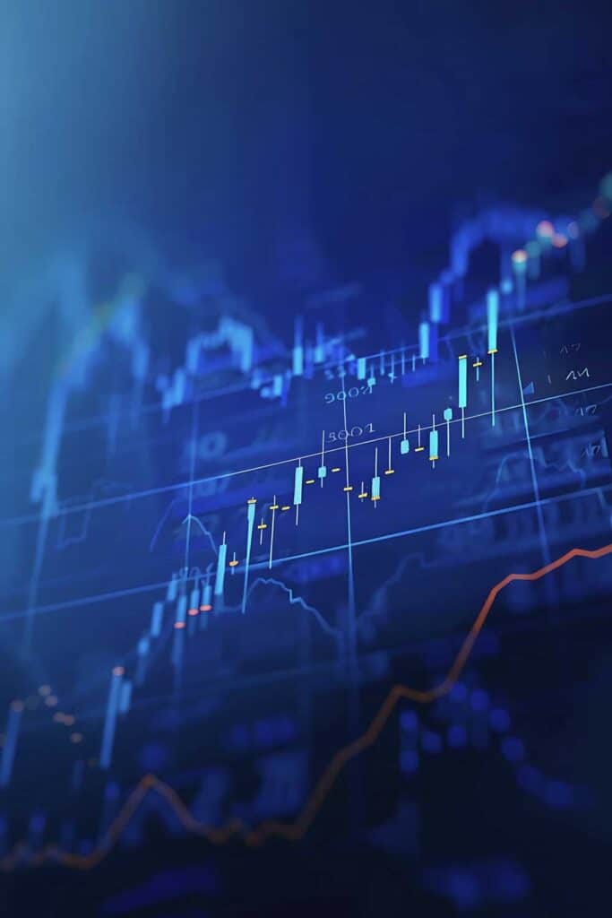 Digital stock market chart with blue candlestick data and trend lines