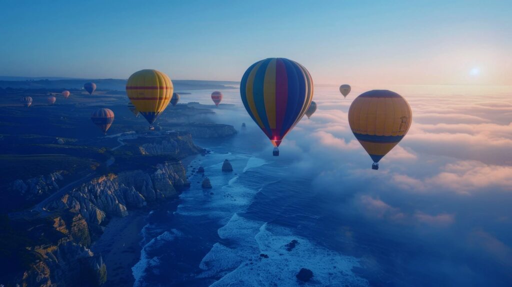 Colorful hot air balloons flying over coastal cliffs representing McLean Partnership’s commitment to equality, diversity, and inclusion (EDI).