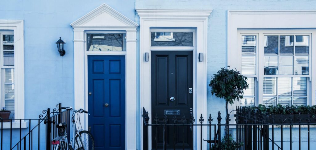 Row of residential townhouses, representing a UK property management company.