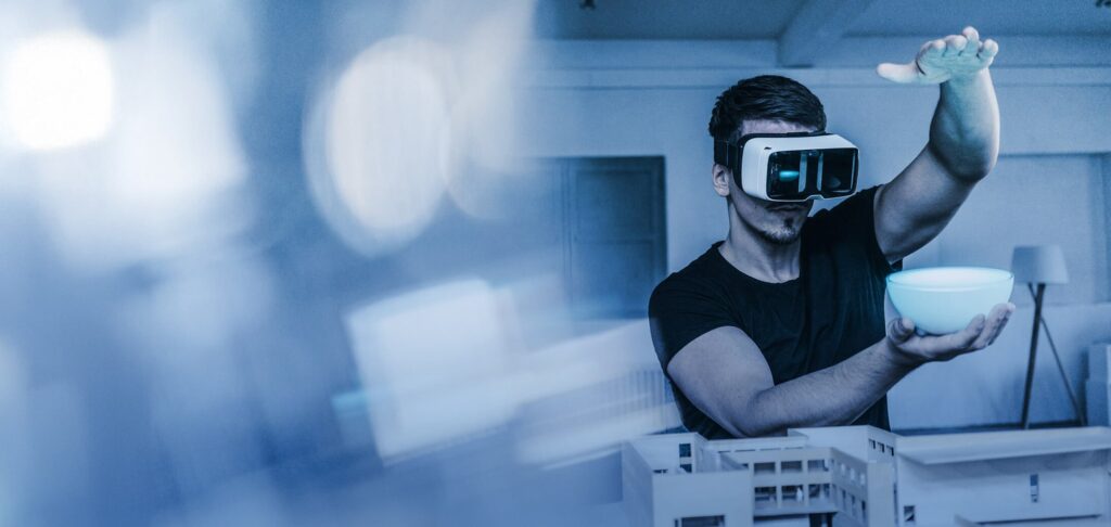 Person using virtual reality headset, illustrating innovation and growth in the technology sector.