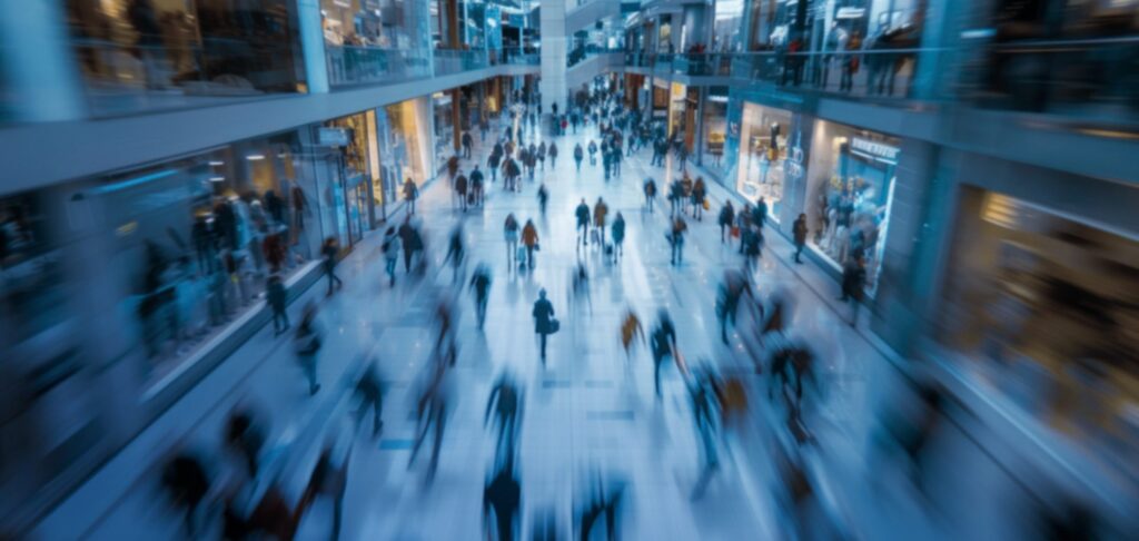 Crowd moving through a modern public research space.