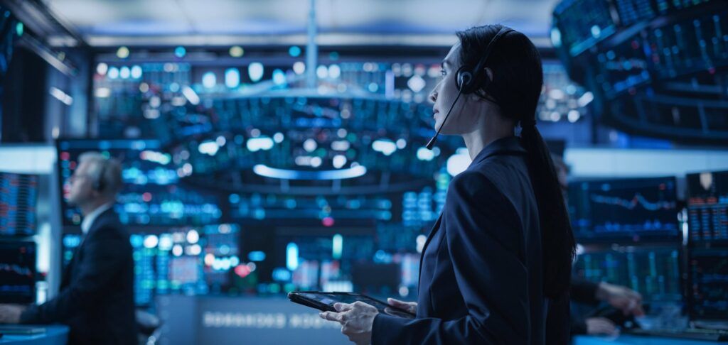 Analyst on a trading floor, depicting equity research operations at a global investment bank.