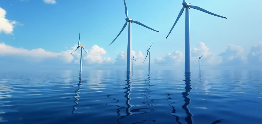 Offshore wind turbines generating renewable energy, symbolising innovation in clean technology.