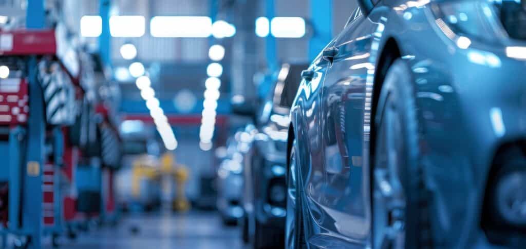 Modern automotive production line with vehicles in assembly, symbolising interim leadership within a Tier 1 automotive supplier.