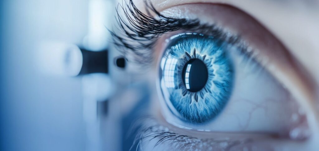 Close up of an eye during a clinical ophthalmology exam.