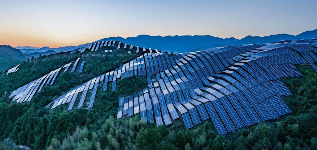 Solar panels across hillside terrain, representing sustainability-driven investment teams.