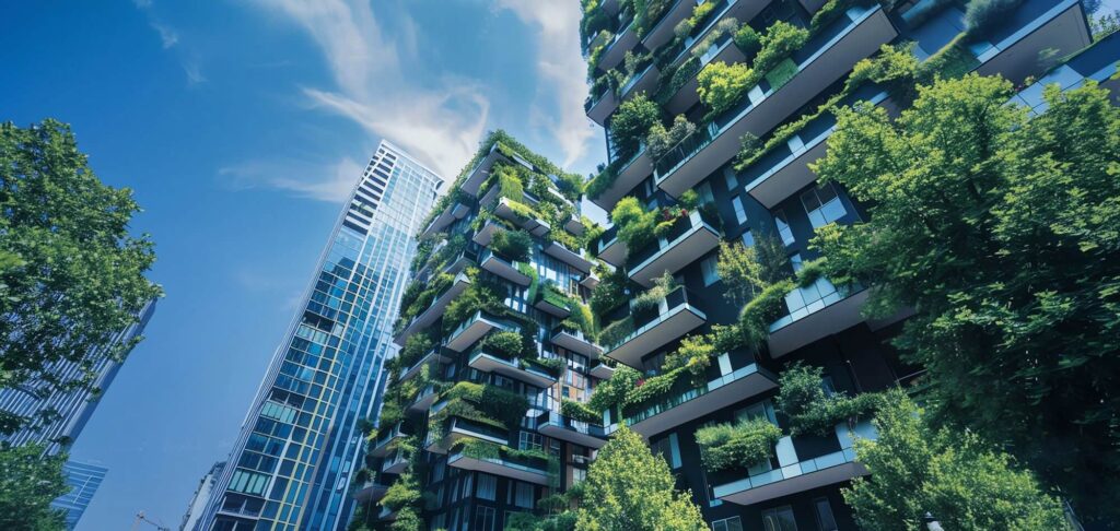 Modern eco-friendly building with greenery, symbolising sustainable investment trends.